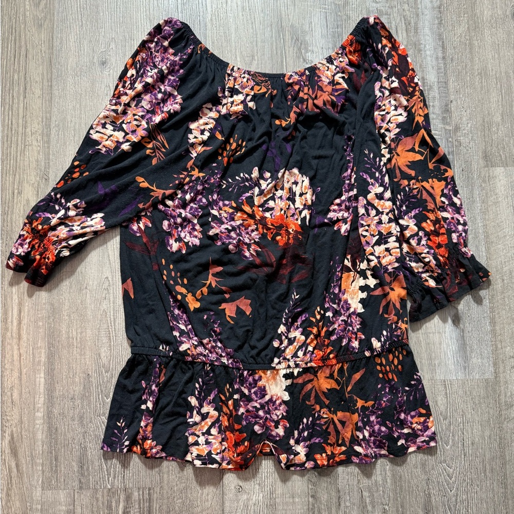 Ruffled Relaxed Orange and Brown Blouse boho spring floral lightweight - Picture 3 of 5
